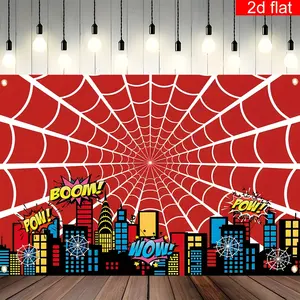 Superhero City Tapestry Comic Style Backdrop Spider Web Theme Wall Hanging Photography Background for Birthday Party Decoration Indoor Outdoor Room Decor Polyester