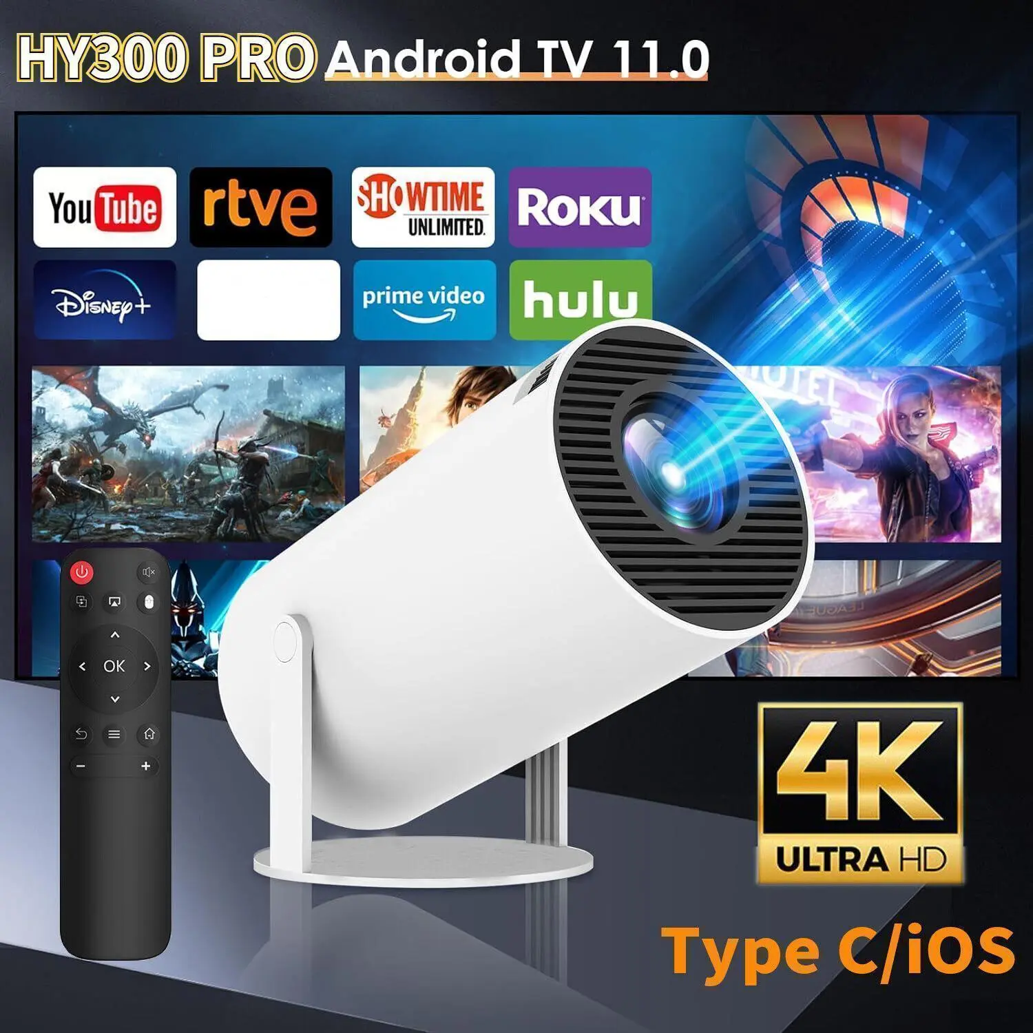 【BackToSchool】 Smart Mini Projector HY300 PRO 200 ANSI | 180° Rotatable Auto Keystone 130" Screen | 4K Decoding Dual Band WiFi & BT 5.0 | Ideal Portable Home Theater & Valentine's Day Gift for Couples