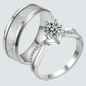 1/2 Pair Ring Set – Men's Silver Tone Stainless Steel Ring & Women's Solitaire Zircon Engagement Ring, Men's Simple Stainless Steel Wedding Ring - Anniversary Jewelry Gift for Couples