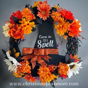 Halloween Witch Wreath,  Halloween Witch's Hat Halloween Wreath, Orange & Black Flowers Halloween Wreath (Free Shipping)