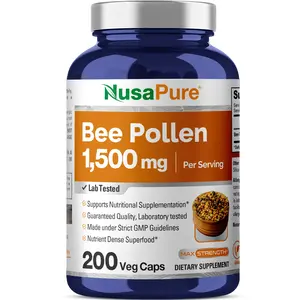 NusaPure Bee Pollen Dietary Capsules - 1500mg, 200 Veggie Caps, 100% Vegetarian, Non-GMO, Vegan, Natural Supplements, Natural Proteins & Amino Acids, Energy, Antioxidants, Immunity Support, Body Health, Daily Supplemental Nutrition Support