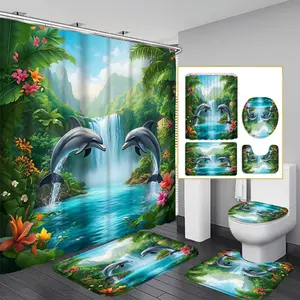 1PC/4PCS 2D flat Tropical Waterfall Dolphins Leaping Multicolor patterned shower curtain with a modern and personalized design for home bathroom decor, shower curtain set includes 12 hooks, non-slip bath mat, U-shaped non-slip mat, toilet seat cover.