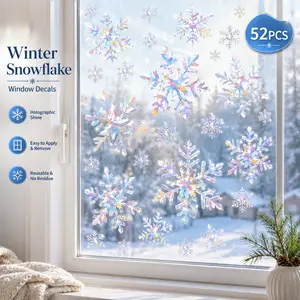 Christmas Window Clings Christmas Rainbow Prismatic Winter Snowflake Window Decals Decorations for Glass Window 52 Pcs