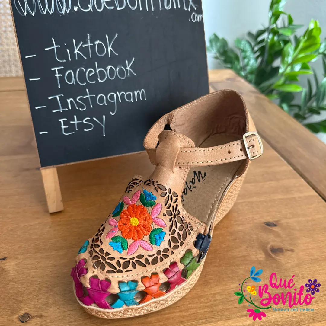 Hand Made Wedge Orange Flower Embroidered Leather