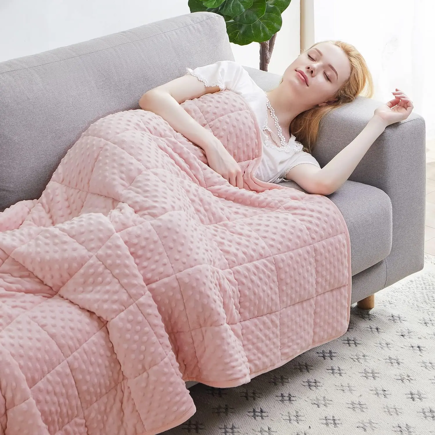 Weighted Blanket  15lbs for Adult(48"x78",Pink) Breathable Soft Minky Weighted Throw Blanket for All Season,Heavy Blanket with  Glass Beads
