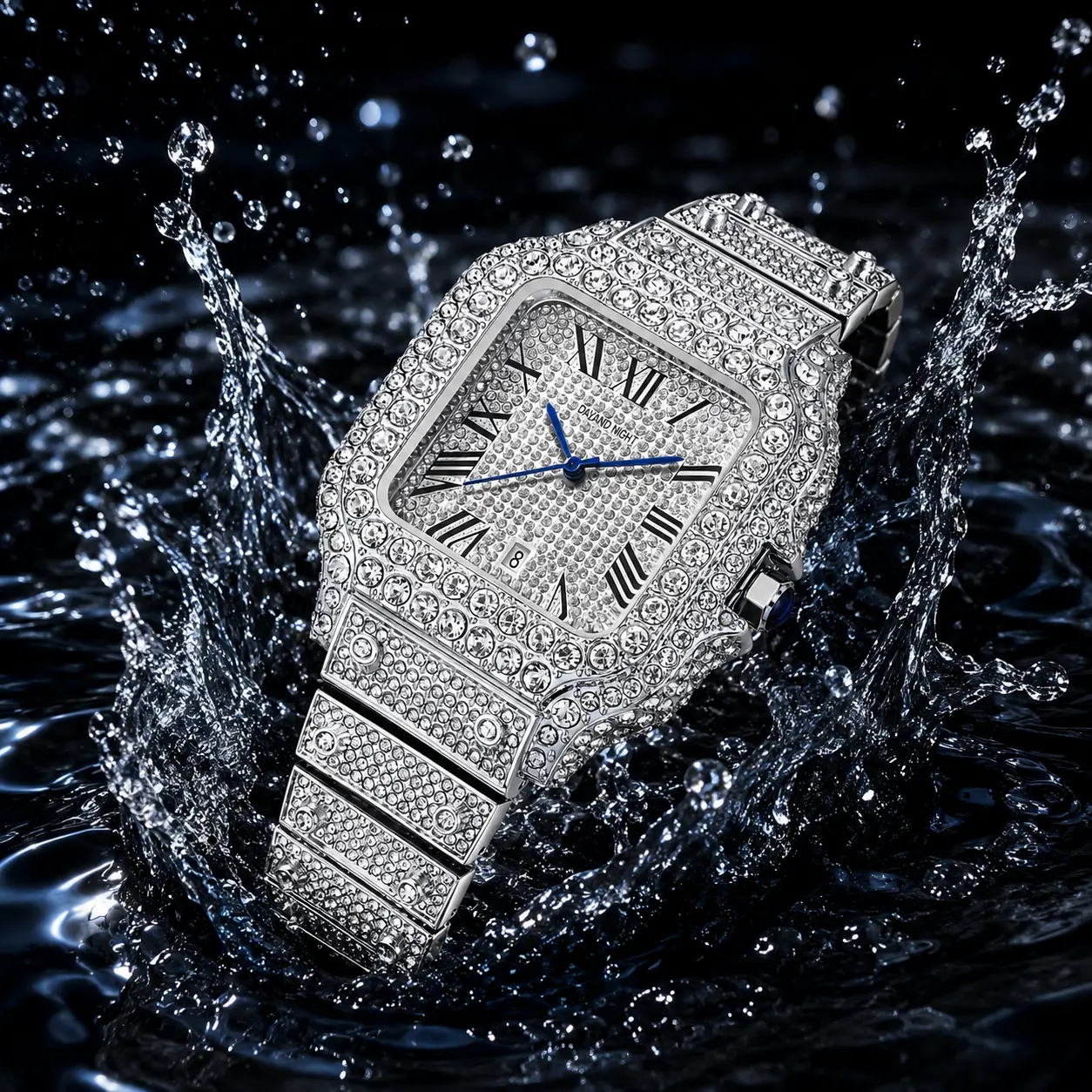 Men's 42mm Iced Out Square Watch, Bling Quartz Diamond Style Wrist Watch, Waterproof Hip Hop Luxury Watch for Men