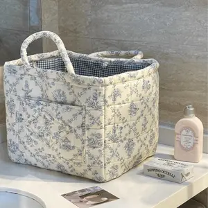 Quilted Vintage French Country Square Storage Basket, Space-Saving Home Organizer – Versatile Use as Laundry Hamper or Nursery Organizer