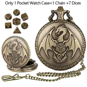Vintage Fantasy Dragon Wing Pocket Watch Case with Pendant Chain, Includes 7pcs Mini Size Durable Metal Polyhedral Dice, Tabletop Rpg Accessories,Indoor Entertainment Board Gaming Dice,Dice Storage Case