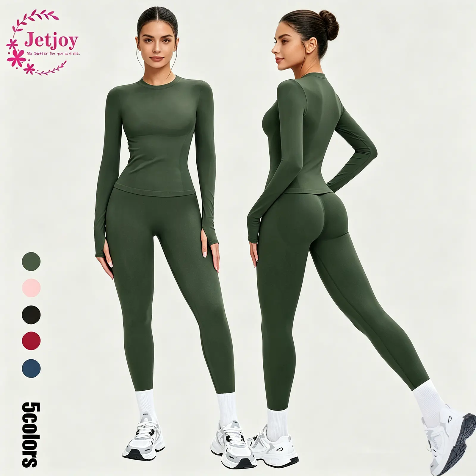 Jetjoy Workout Sets for Women 2 Piece Long Sleeve T-Shirt Top Hidden Scrunch Leggings Butt Lifting Gym Set Seamless Yoga Outfit Athletic Clothes