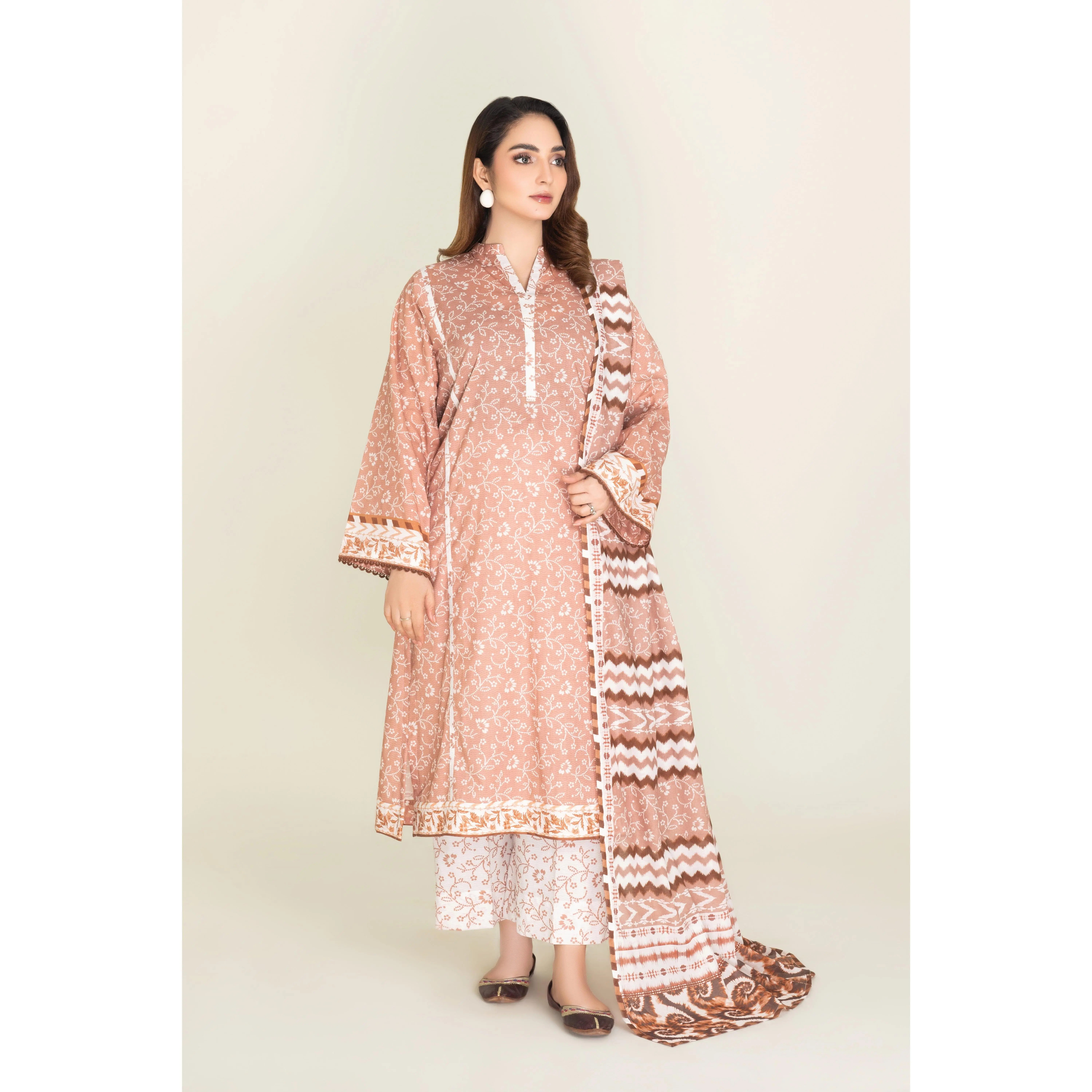 Women's Chic 3-Piece Printed Lawn Matching Set - Breathable Round Neck Long Sleeves Shirt, Trouser, Dupatta, Multi-Size Ethnic Casual Wear