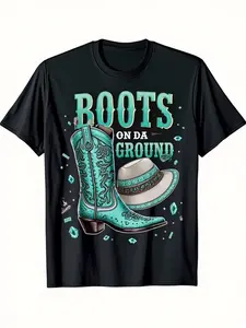 Men's Retro Western Cowboy Boot Graphic Tee - Boots On Da Ground Design T-Shirt with Turquoise Boot, Bold Country Western Style Shirt for Concerts, Festivals, Casual Outfits - Machine Washable Crew Neck Top, Festival Outfit, Vibrant Print, Durable Materia