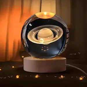 3D Solar System Crystal Ball Night Light, Laser Engraved USB Powered, Desk Decor, Valentine's Day Gift, Bedroom Bedside Lamp, Office Decoration, Multifunctional Ambient Lights