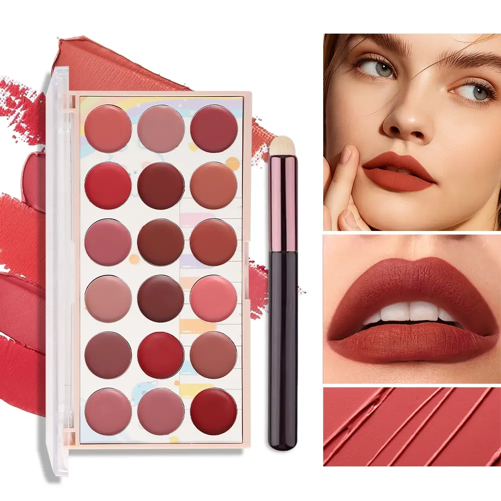 18 color velvet moisturizing lipstick palette, matte durable waterproof easy coloring lipstick, high color lipstick palette, with lip brush, easy to use, vibrant color is an ideal gift for beauty lovers.