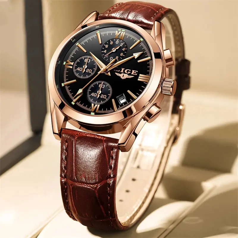 LIGE Men's Business Chronograph Watch with Leather Strap, Water Resistant Quartz Dial and Calendar Function