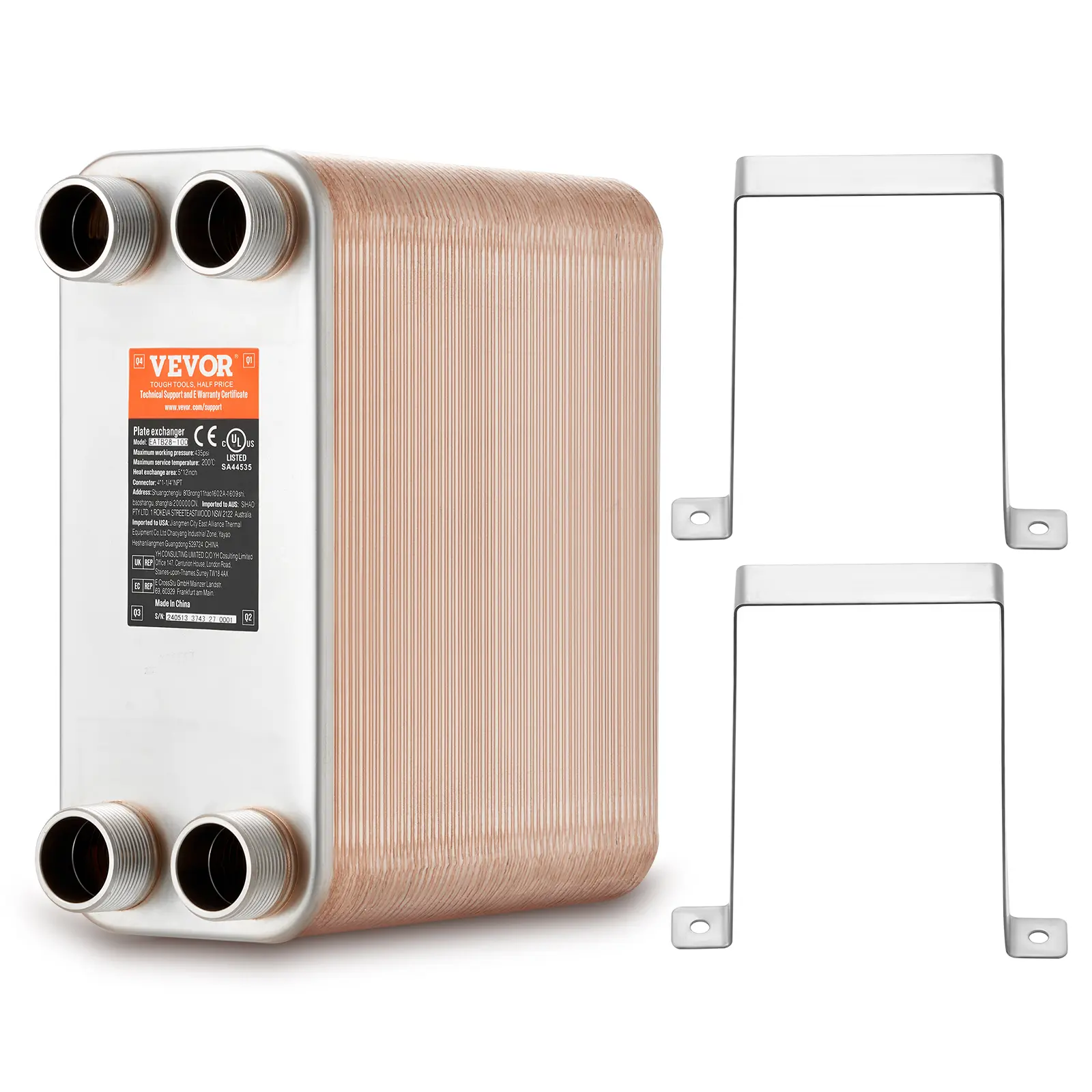 【Summerfinds】VEVOR Heat Exchanger 5"x 12" 100 Plates Brazed Plate Heat ExchangerCopper/316L Stainless Steel Water To Water Heat Exchanger For Floor HeatingWater HeatingSnow MeltingBeer Cooling