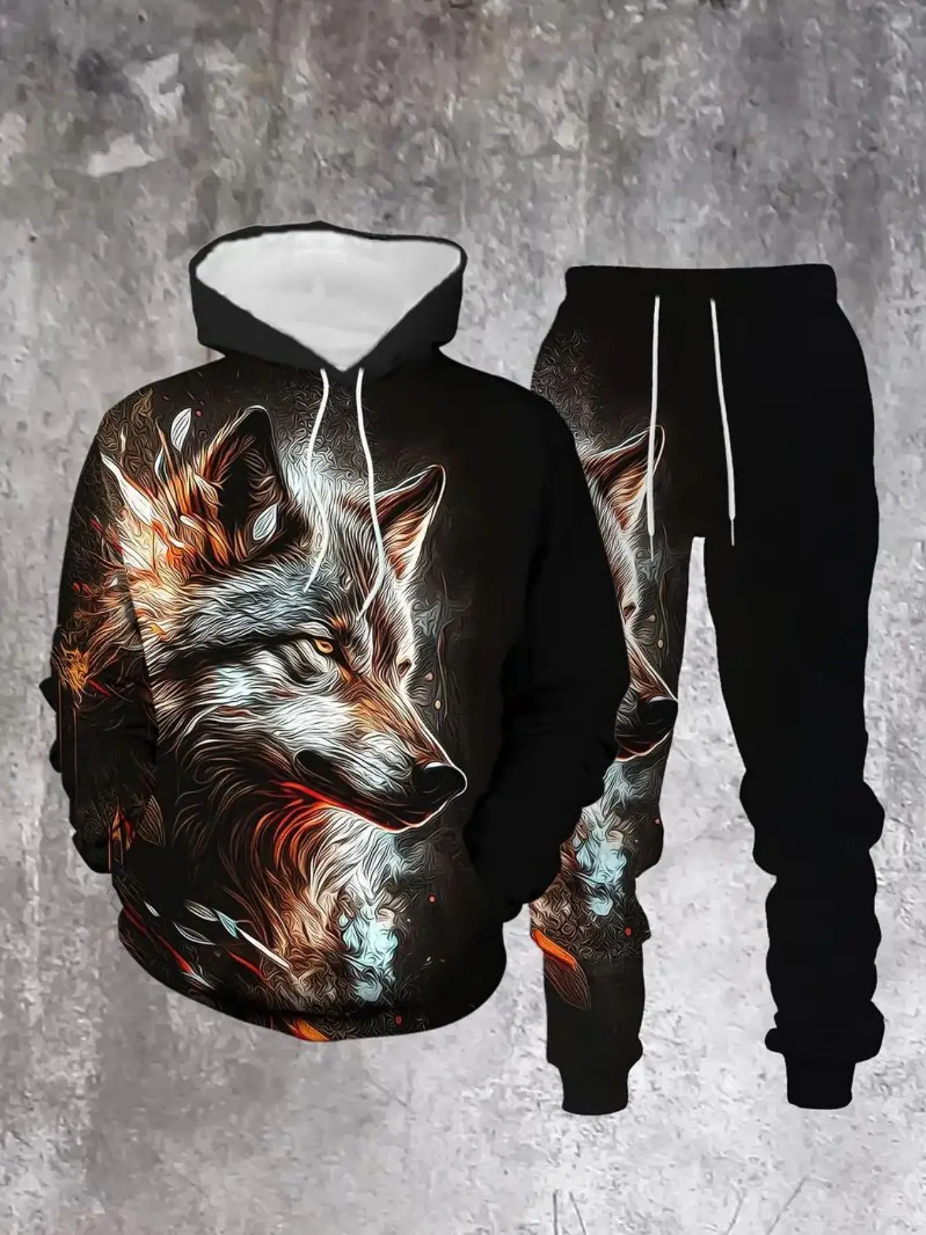 Men's Wolf Print Hoodie & Sweatpants Set, Sporty Streetwear, Athleisure Set, Sweatsuit Sets, Fitted Sweatsuit, Streetwear Tracksuit Set, Athletic Fashion Activewear, Polyester Blend, Perfect for Spring & Fall Seasons