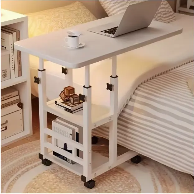 Height-Adjustable Mobile Computer Working Desk, Rolling Home Office Workstation with Dual Shelves for Bed, Office Use, Home Office Desk