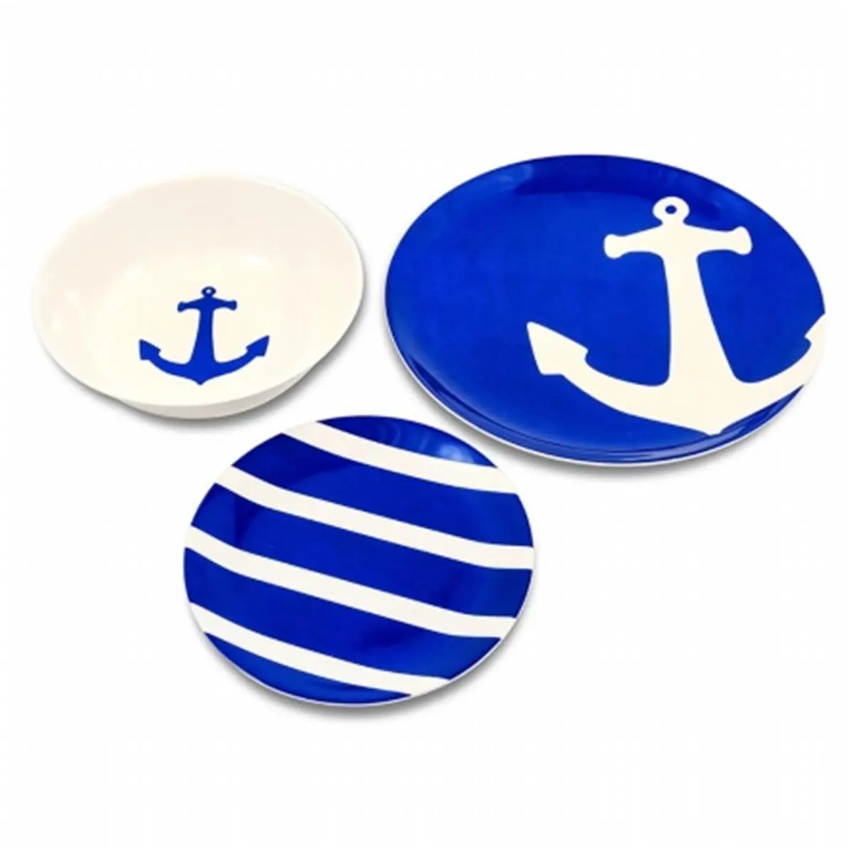 CAMCO 12-Piece BPA-Free Camping Kitchenware Set - Blue & White Nautical Design Dinnerware for 4, Top Rack Dishwasher-Safe, RV & Outdoor Use (Marine Theme Anchor Navy Stripes)