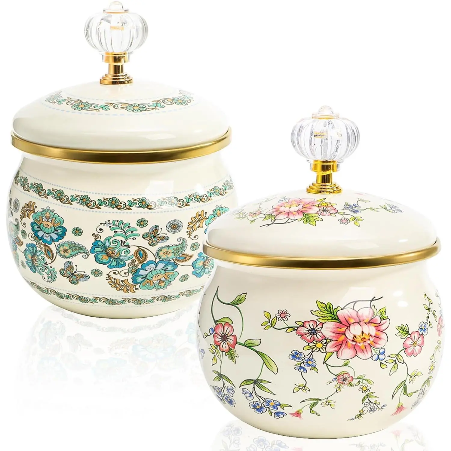 2 Pack  Enamel Storage Jar with Lid, 14 oz Floral Enamel Sugar Bowl Small Kitchen Canister for Candy, Cookies,