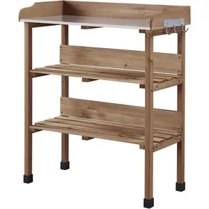 Potting Bench Table w/Metal Tabletop for Garden, Fir Wood Workstation w/3 Tier Shelves, Outdoor Work Bench w/Hook Brown