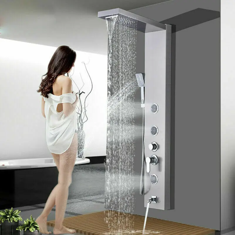 Shower Panel Tower System,Stainless Steel Rainfall Waterfall Shower Head 5-Function Faucet,Shower Body Massage Jets with Handheld Shower Head Brushed Nickel Wall-Mounted Shower Column Set