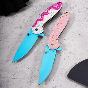 Tactical folding knife EDC multifunctional donut outdoor knife, pocket knife, fruit knife, contoured handle, includes a back clip for easy carry, quick-open design, suitable for wilderness survival emergencies, camping, hiking, DIY, fishing
