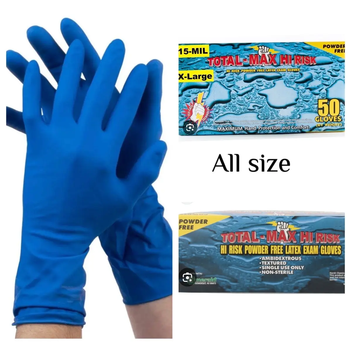 Emerald Design Total MAX 4600 Durable Disposable Cleaning Gloves - 15mil Thick Latex Rubber, 1 Box of 50 Non-Sterile Blue 1-Size-Fits-All Gloves for High-Risk Tasks, Home Cleaning Supplies, Durable Cleaning Gloves