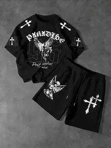 Men's Two-Piece Fashion Casual Set, Gothic Letters & Angel Wings Print, Round Neck Short Sleeve T-Shirt and Drawstring Shorts, Summer Streetwear