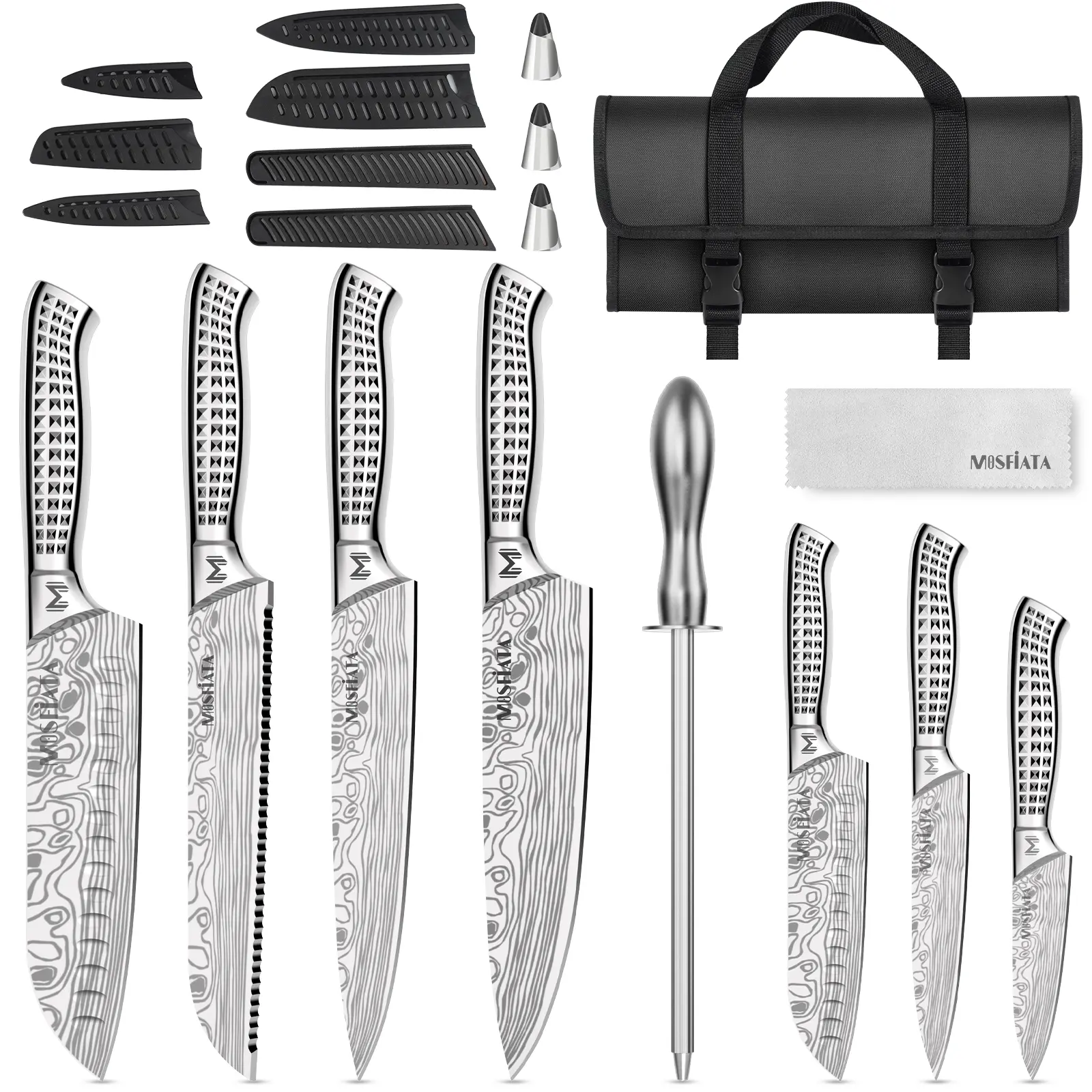MOSFiATA 12-Piece Traditional Japanese High-Carbon Stainless Steel Knife Set - Kitchenware Chef’s Kit with Sharpener, Carry Bag, Block, Outdoor Roll Kit, Gift-Ready for Cutting Tasks, Cut