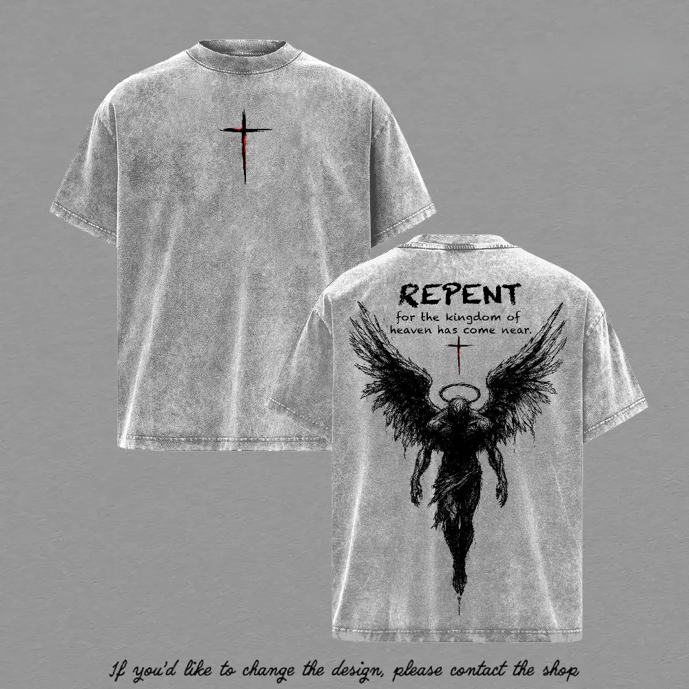 Repent Vintage Washed Oversized Christian T-Shirt, Angel Wings Faith Graphic Tee, "Kingdom of Heaven Has Come Near" Gospel Streetwear Top, Heavy Cotton Unisex Retro Worship Shirt