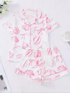 Women's Ocean Shell Printed Pajama Set, Short Sleeve Button-Up Top & Elastic Shorts, Casual Home Wear, All Seasons
