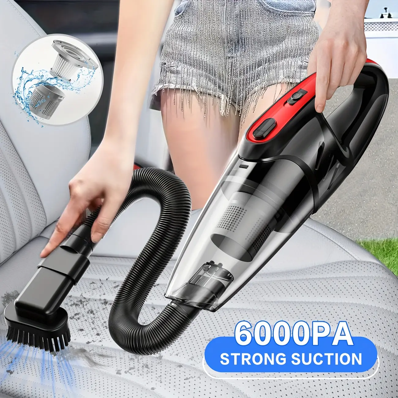 Car Vacuum Cleaner, 6000PA Super Strong Suction Handheld Vacuum, 2000mAh Large Capacity, Low Noise, Comes with Five Matching Accessories, for Car Interiors, Home, and Pet Cleaning, Pink Girly Car Accessories Gift for Women