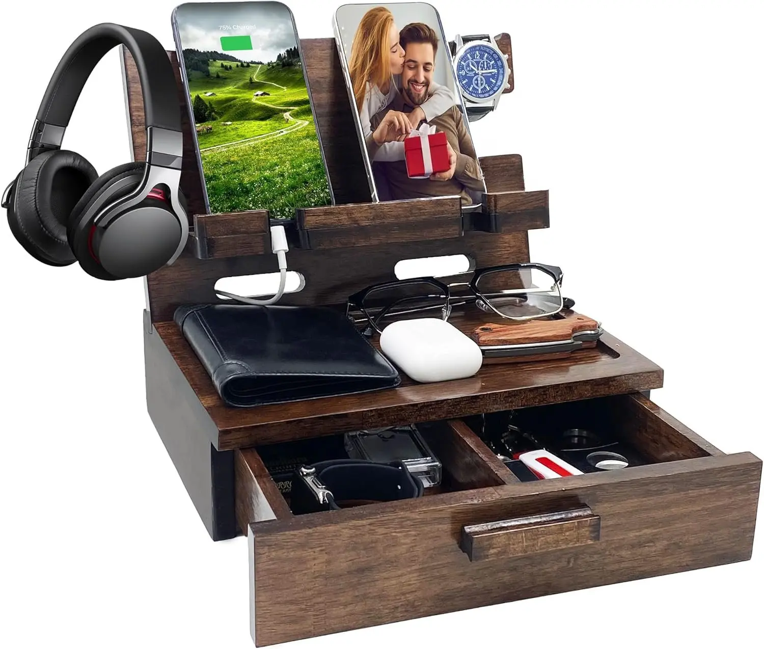 Gifts for Men Women Husband Son Boyfriend Him Nightstand Organizer  Phone Docking Station Birthday Gifts (Walnut)