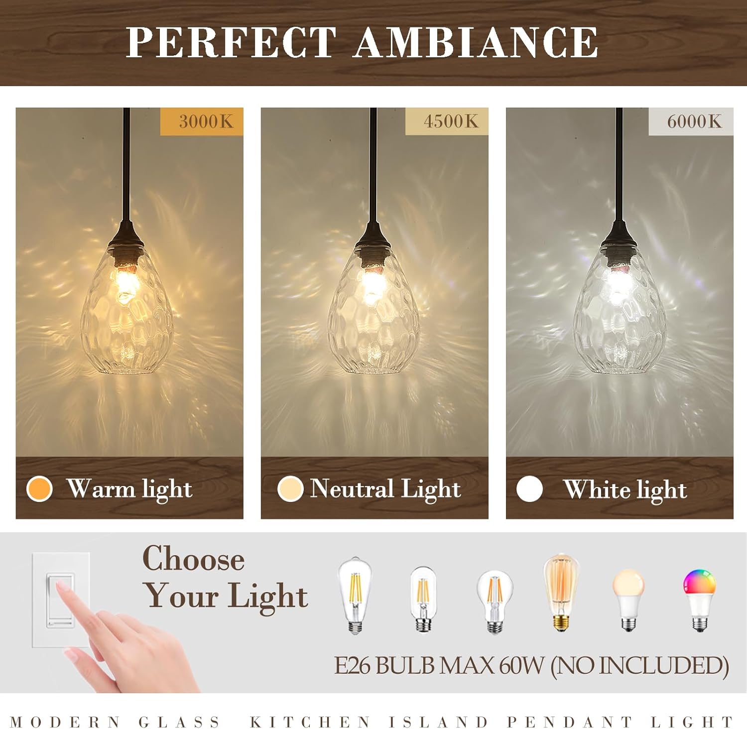 Glass Pendant Lights Kitchen Island, 1-Light Modern Black Fixtures with Hammered Glass & Rods Small Hanging Light for Kitchen Sink Dining Room Bathroom