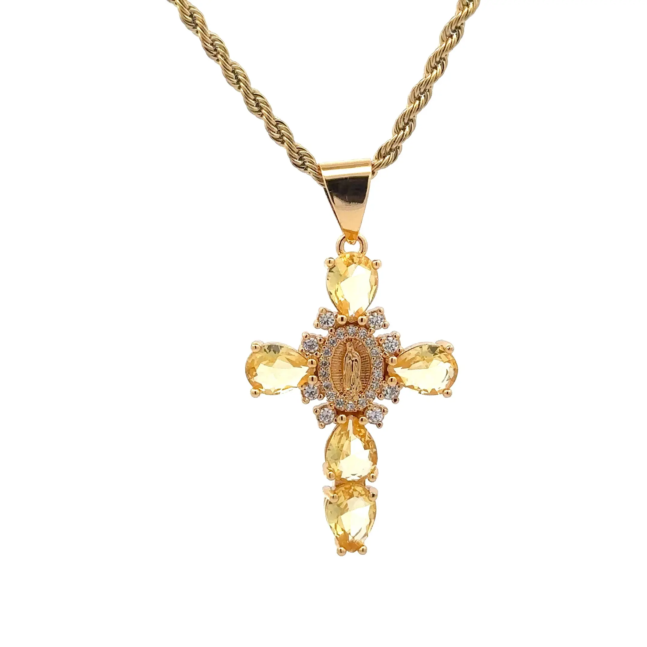 Our Lady of Guadalupe Cross Yellow Necklace
