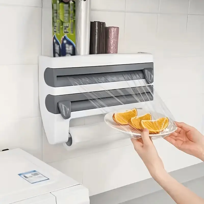 Multifunctional 3 in 1 Kitchen Organizer,Space-Saving with Built In Cutter | Includes Foil & Cling Film Dispenser, Paper Towel Holder, Wall Mount, Easy Installation