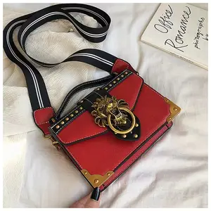 Retro Lion Head Small Square Crossbody Bag with Riveted Shoulder Splicing