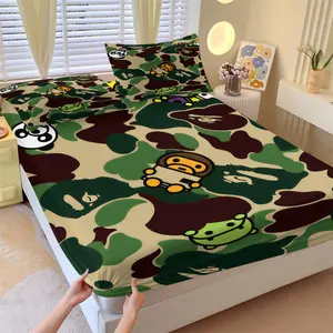 Green Camo Baby Milo Fitted Sheet Set, 1 Fitted Sheet + 2 Pillowcases - 3 Piece Soft Breathable Deep Pocket Bedding, Streetwear Style Bed Sheets for Kids Bedroom Decor, Full Size