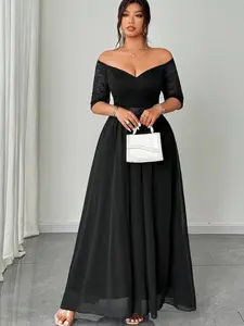 Plus Size Women's Elegant Romantic Party Dress, Lace Patchwork Off-Shoulder Short Sleeve Waist Cinched Chiffon Flowing Maxi Dress