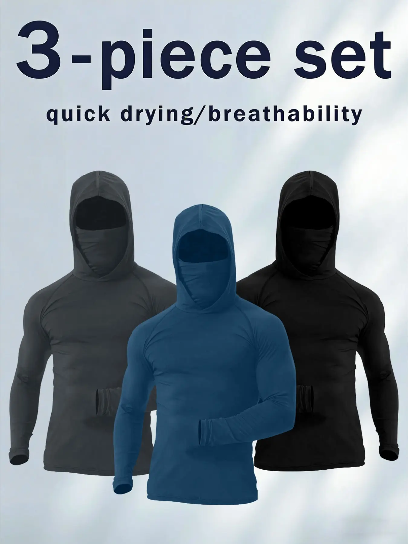 Men's 3-Pack Fitness Hoodie Set with Face Cover, Quick Dry Activewear Long Sleeve Workout Hooded Shirt, Athletic Sun Protection Top for Gym, Running, Training, Outdoor Sports, Sun Proof Hoodie, Gym Sportswear #tiktokmademebuyit
