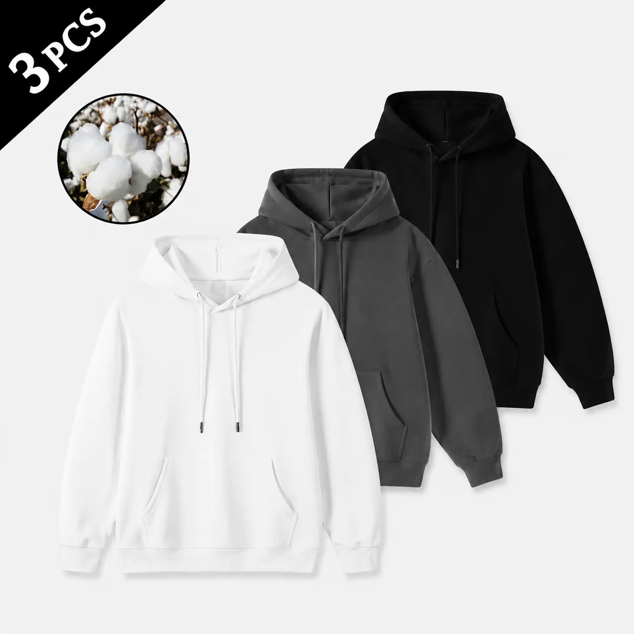 3-Pack Unisex 100% Cotton Blank Pullover Hoodies, Neutral Gray/Black Solid Color Sweatshirts, Colors Available, Hoodie Set, Suitable for Everyday Casual Wear