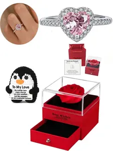 Heart Diamond Sparkling Stone Open Ring, Handmade Crochet Penguin, Jewelry Gifts, Valentine's Day Gift Jewelry, Minimalist Rose Flower Box