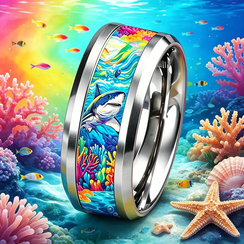 Cute Ocean-Themed 8mm Men Stainless Steel Ring with Dreamy Sea White Shark & Coral Pattern Inlay Rings for Teenager Jewelry Gift