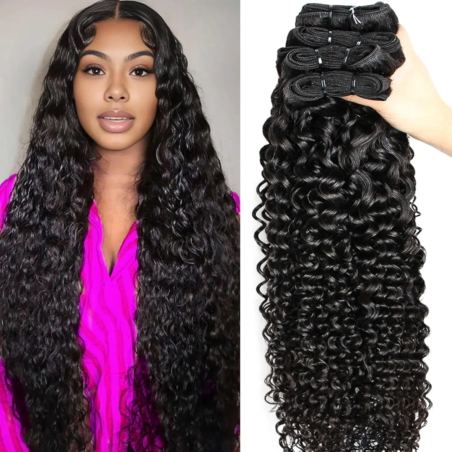 Hotlove Unprocessed Human Hair Bundles, 4-Piece Brazilian Thick Water Wave Double Weft Extensions, Full Volume Wet-and-Wavy Burmese Hair for Women's Party Wear, Thick Hair Extensions