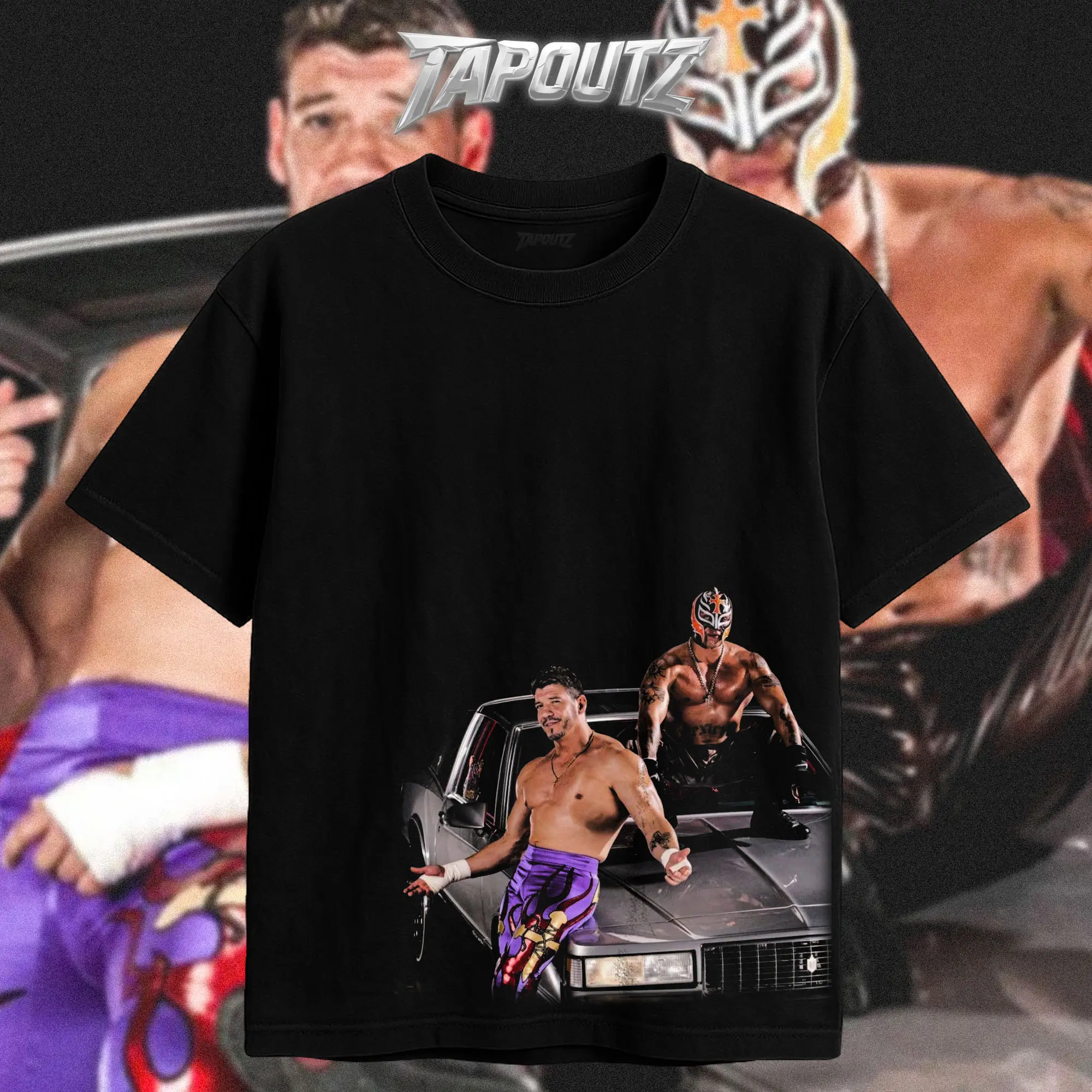 TAPOUTZ Eddie Guerrero & Rey Mysterio Iconic Heavy Cotton Unisex T-Shirt - Latino Heat 619 Luchador, Short Sleeve, Casual Street, Unisex Look, Lightweight, Breathable, Regular Fit, True To Size, Direct-To-Garment Print