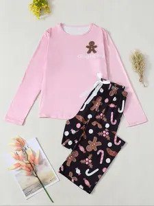 Women's Christmas Gingham Print Long Sleeve Pajama Set, Round Neck Casual Fitted Sleepwear, Soft Breathable Fabric for Fall & Winter, Loungewear