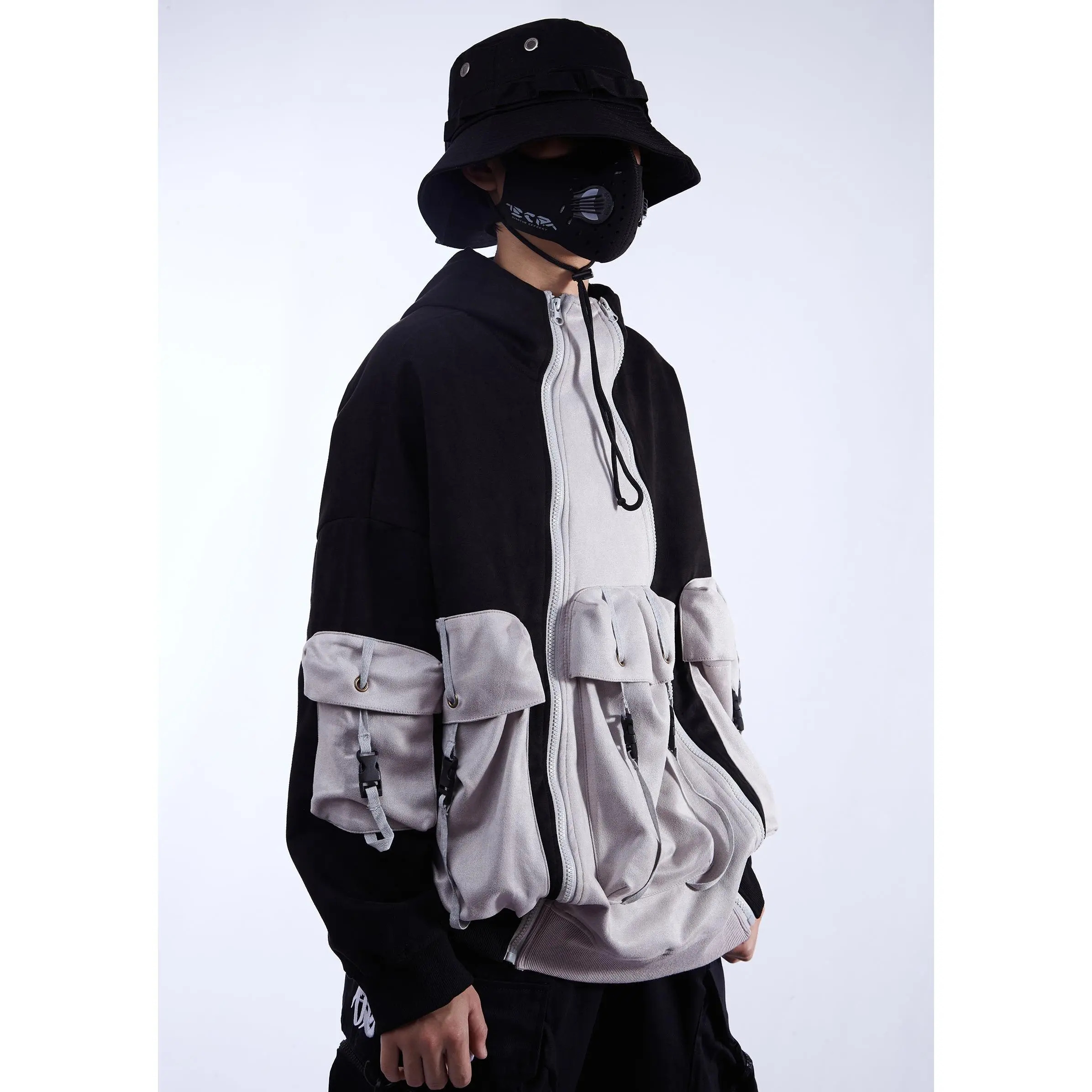 Men's Techwear Patchwork Hoodie, Functional Oversized Cotton Top with Double Zippers and 3 Large Storage Pockets, Fabric, Menswear, Streetwear, Sweatshirts, Zip Up Hoodie, Relaxed Cut, 2Xl