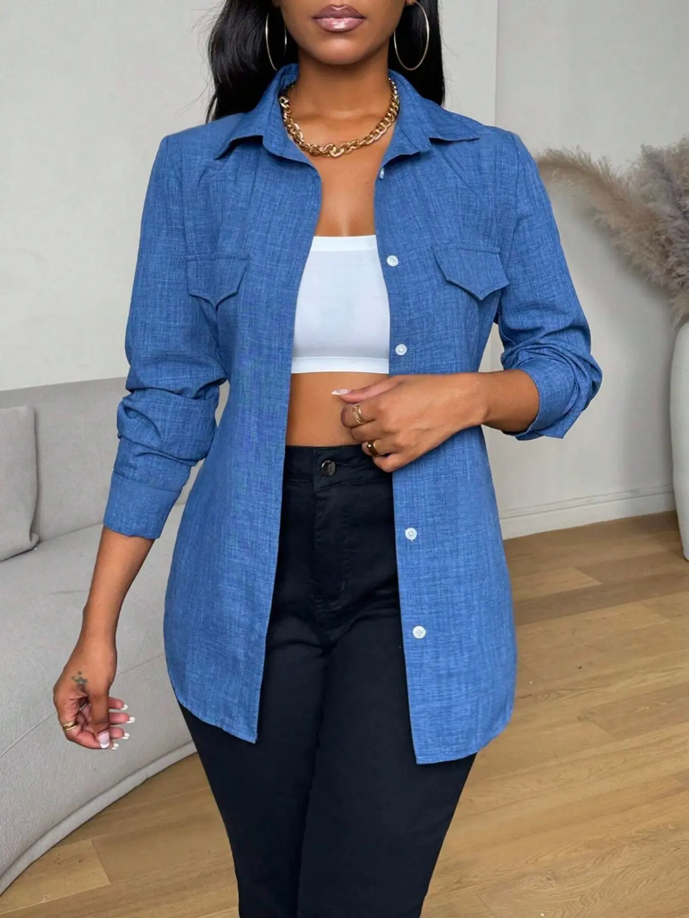 A ladies' blue Collared button-down Woven Basic Casual Blouse shirt top with a pocket decoration and long sleeves, suitable for all kinds of office wear.