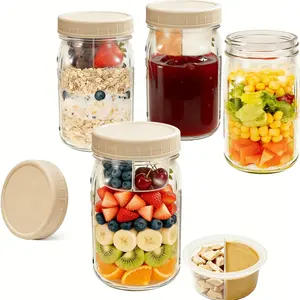 4 Pack 32oz Glass Salad Jars with Dressing Containers | Leakproof Mason Jars for Meal Prep | Built-In Wet/Dry Compartments for Fresh Lunch | Must-Have for Healthy Eating on the Go