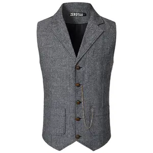 ZEROYAA Mens Lapel Suit Vest Herringbone Waistcoat Dress Vest For Wedding